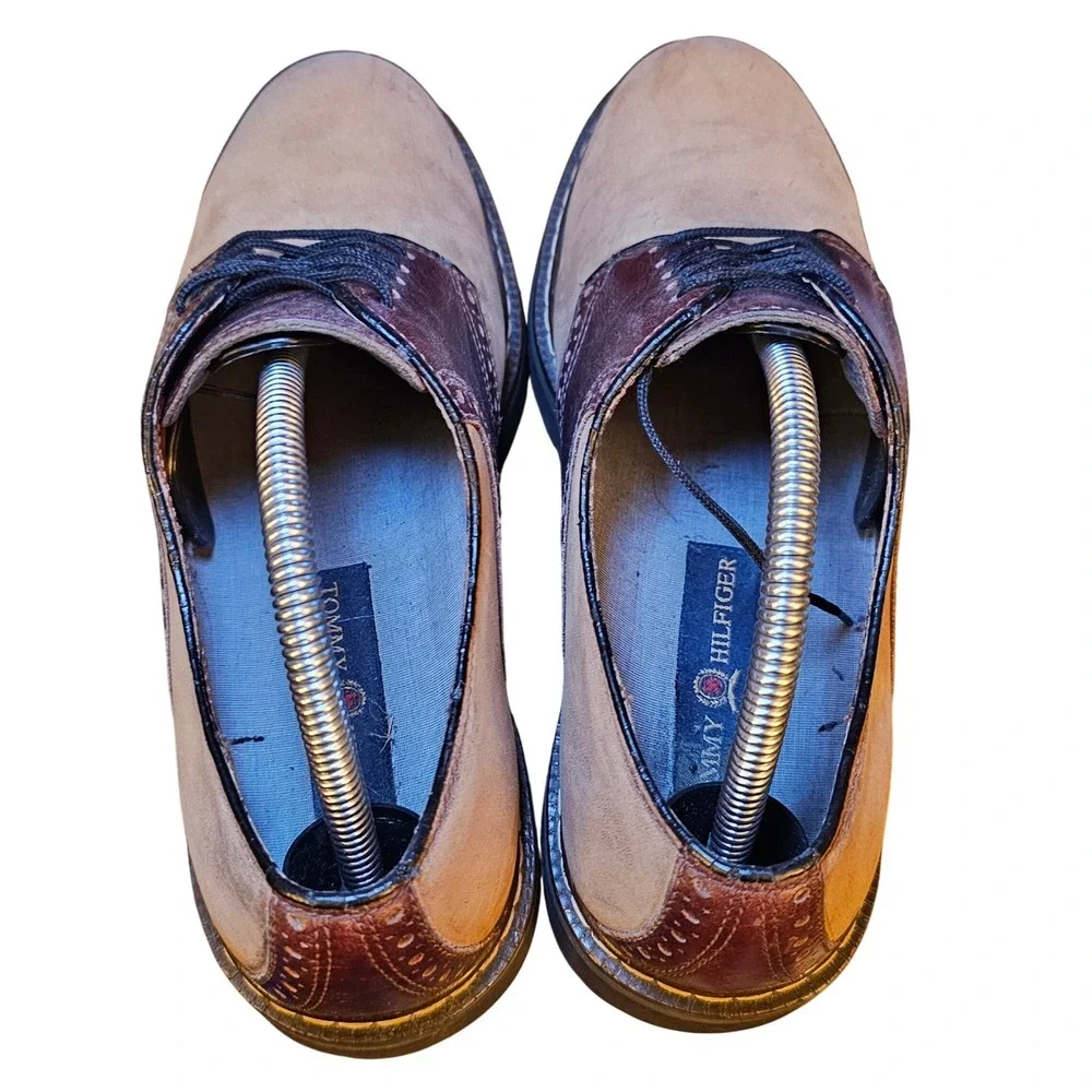 90s Vintage Tommy Hilfiger Men Saddle Shoe Tan Leather Suede Lace Up Size‎ 7.5 M